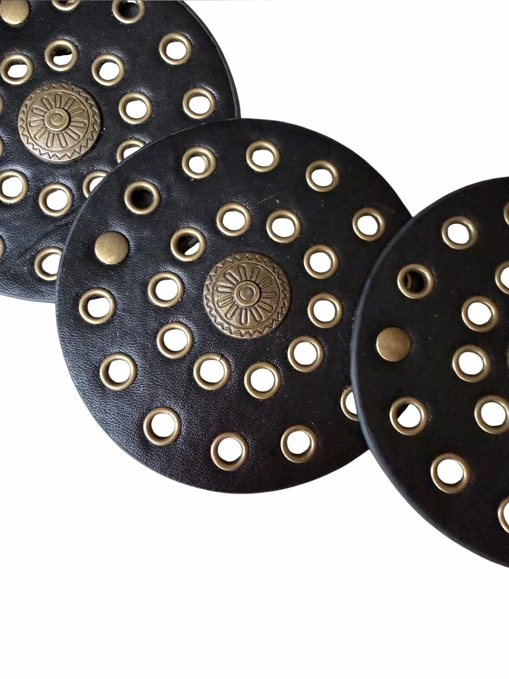 Wide Western Boho Belt Brown Leather Belt with Aged Brass Concho Embellishments - Picture 3 of 8